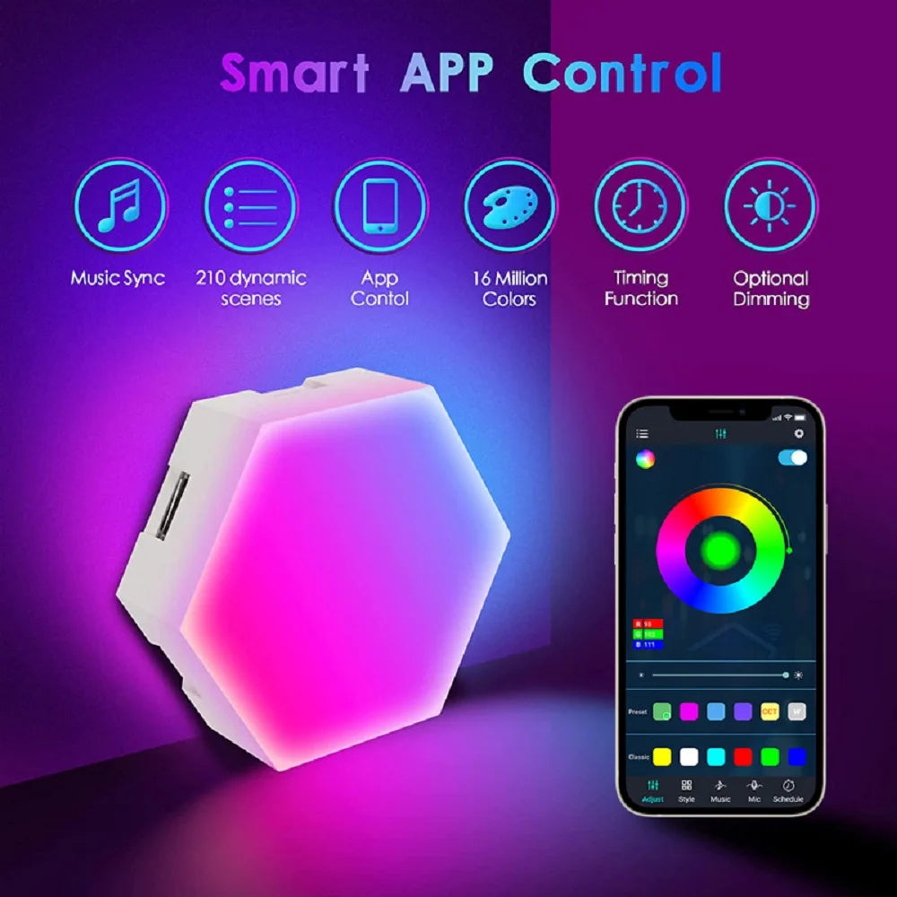 RGB Intelligent Hexagonal Wall Panels - Smart DIY Music Rhythm Night Light